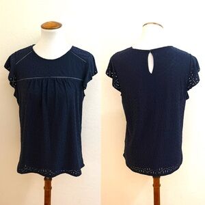 Adrianna Papell Navy Ruffle Sleeve Eyelet Knit Blouse